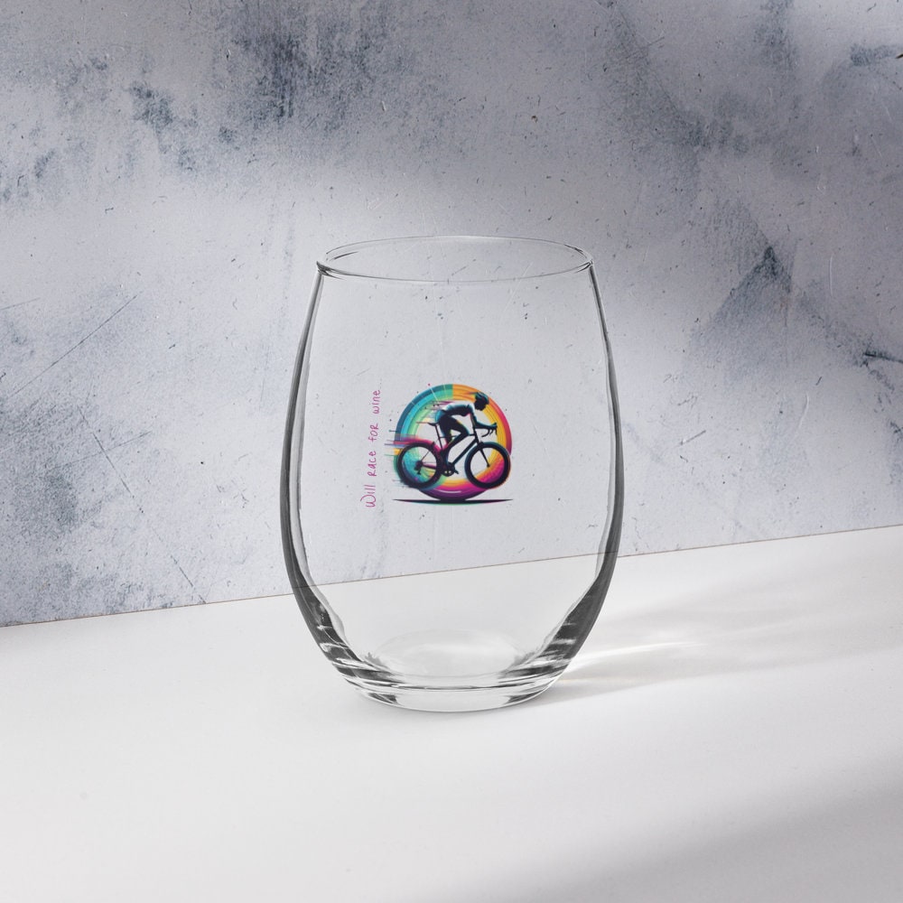 "Will race for wine" Stemless wine glass for the cyclist or triathlete - Tri-Me Gifts