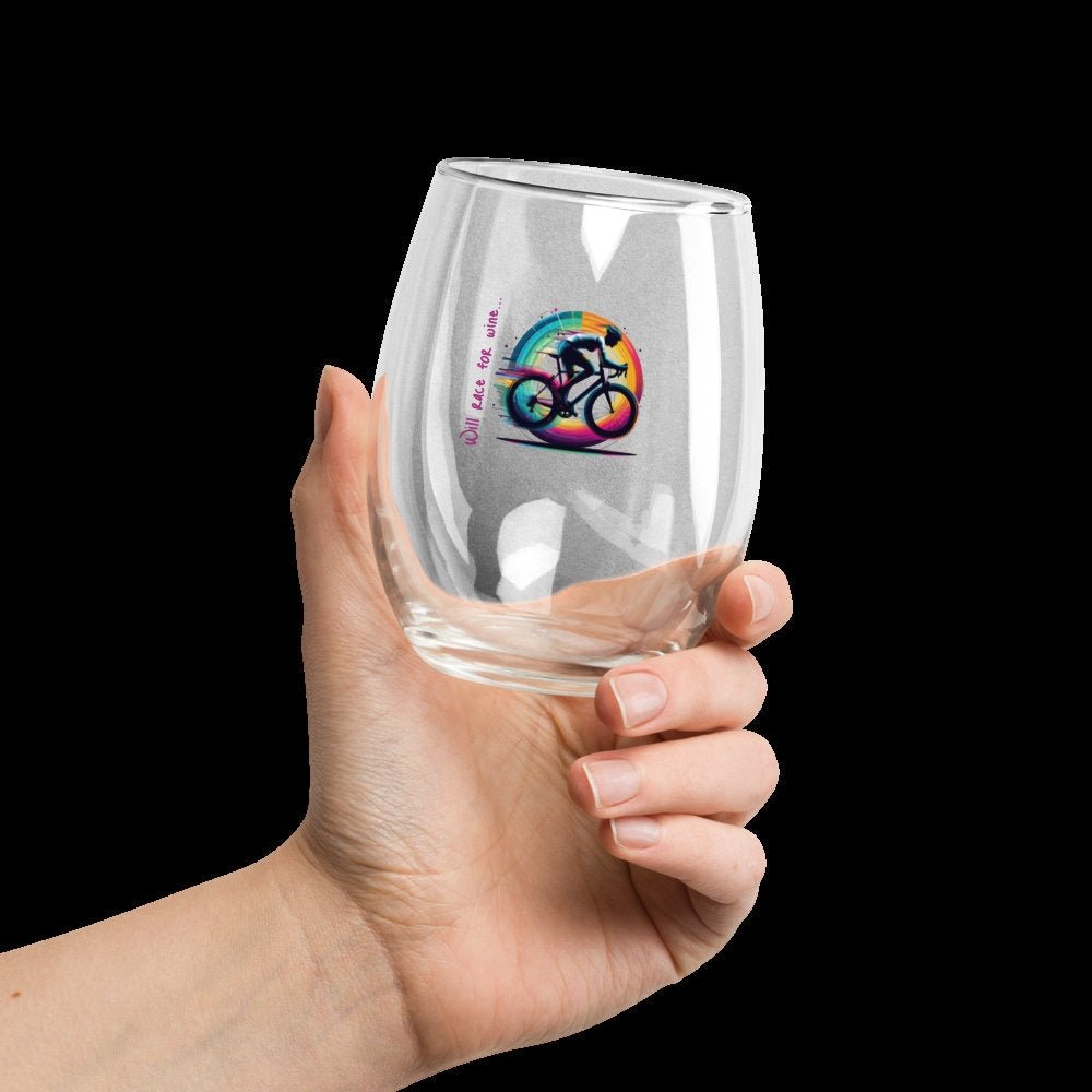 "Will race for wine" Stemless wine glass for the cyclist or triathlete - Tri-Me Gifts